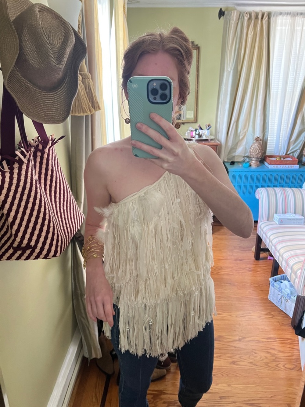 Alice & Olivia One-Shoulder Fringe Top in Cream